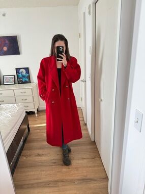Vintage Irene Hill 100% Wool Red Coat Long Military Style Double Breasted M